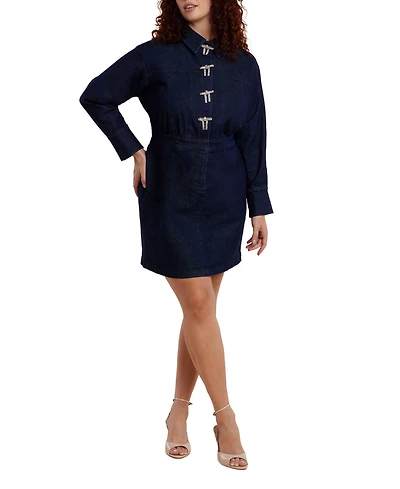 Eloquii Women's Plus Denim Mini Dress With Rhinestone Bows
