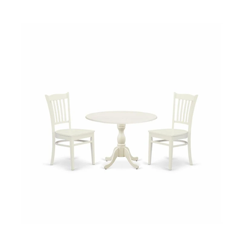 East West Furniture 3 Piece Dinette Set Contains 1 Drop Leaves Modern Dining Table and 2 Black Wooden Dining Chairs with Slatted Back