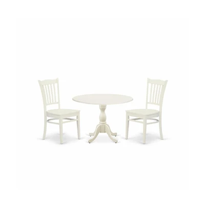 East West Furniture 3 Piece Dinette Set Contains 1 Drop Leaves Modern Dining Table and 2 Black Wooden Dining Chairs with Slatted Back