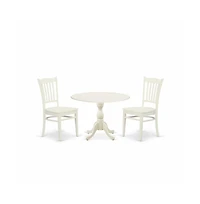 East West Furniture 3 Piece Dinette Set Contains 1 Drop Leaves Modern Dining Table and 2 Black Wooden Dining Chairs with Slatted Back