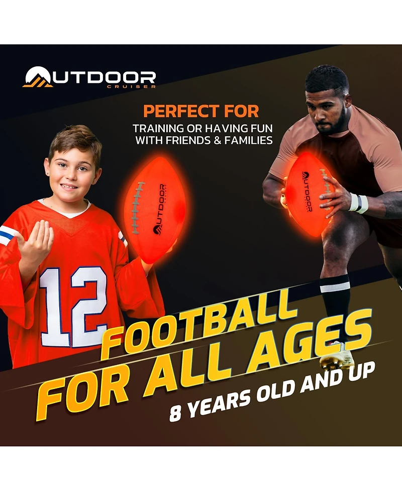 Lifemaster Durable glow-in-the-dark football with waterproof rubber build, tap-activated Led lights lasting up to 30 hours. Includes pump, spare batte