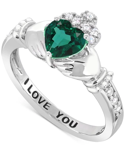 Lab-created Emerald 3/4 ct. t.w. and White Sapphire 1/3 "I Love You" Inscription Heart Promise Ring Sterling Silver