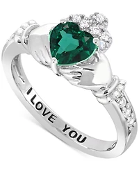 Lab-created Emerald 3/4 ct. t.w. and White Sapphire 1/3 "I Love You" Inscription Heart Promise Ring Sterling Silver