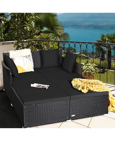 Outdoor Patio Rattan Daybed Thick Pillows Cushioned Sofa Furniture