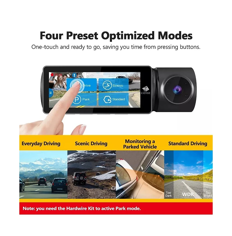 Z-edge 3-Channel Touch Screen Ir Night Vision and Super Capacitor 4K Dash Cam