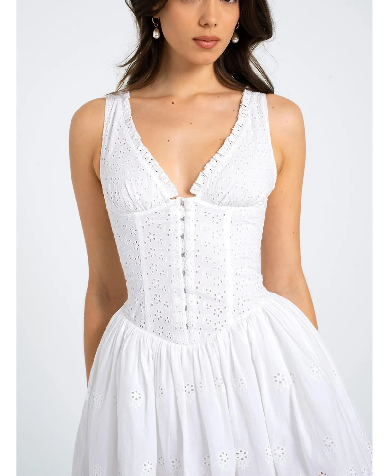 Miss Circle Women Aaliyah White Eyelet Plunging Halter Drop Waist Mini Dress