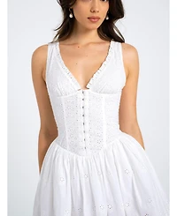 Miss Circle Women Aaliyah White Eyelet Plunging Halter Drop Waist Mini Dress