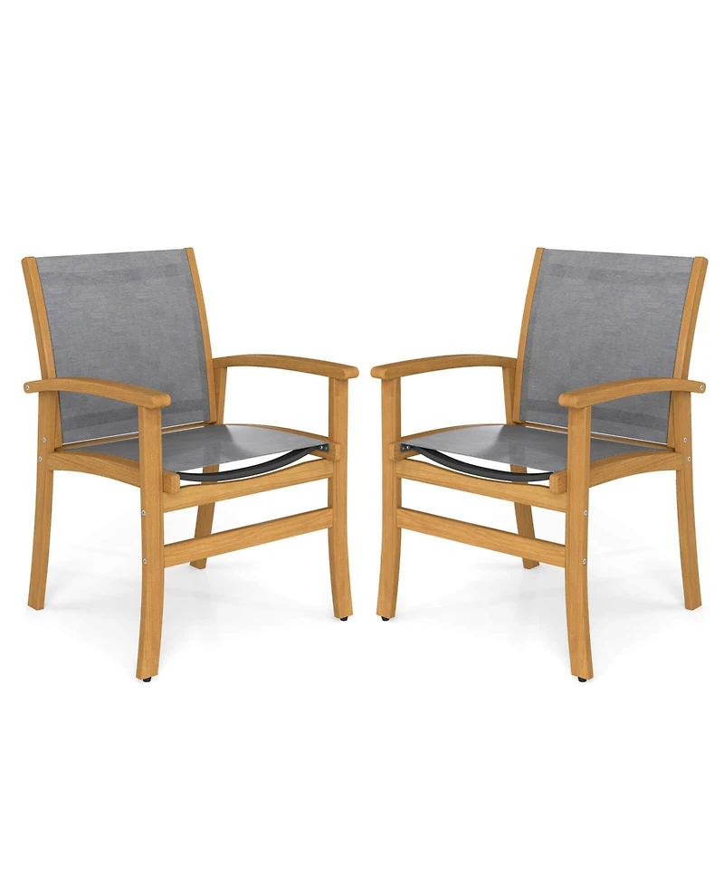 Costway Outdoor Dining Chairs Acacia Wood Patio Chairs with Breathable Fabric Seat