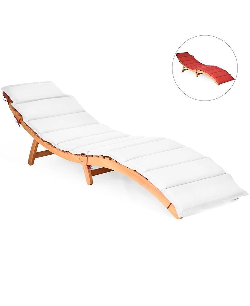 Costway Folding Wooden Outdoor Lounge Chair Chaise Red/White Cushion Pad Pool Deck