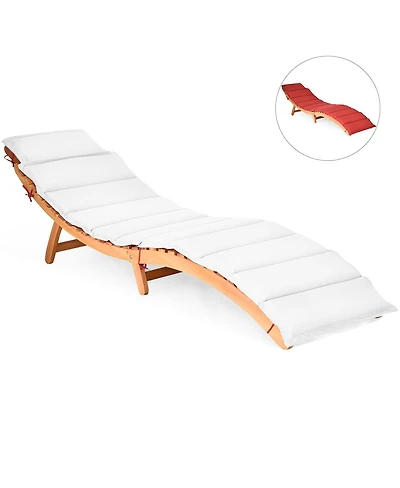 Costway Folding Wooden Outdoor Lounge Chair Chaise Red/White Cushion Pad Pool Deck