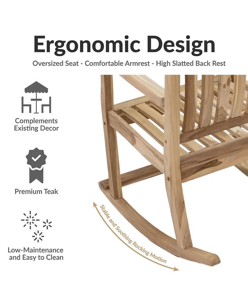 Sunnydaze Decor Teak Wood Outdoor Porch Rocking Chair with Slatted Back, 275 lb Capacity, Unfinished