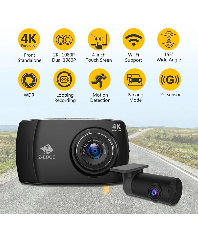 Z-edge T4 4K Dash Cam, 2K Front + 1080P Rear, 4 inch Touchscreen, Wdr Night Vision, G Sensor, Loop Recording, 24 Hour Parking Mode, Built in Wi Fi, Su