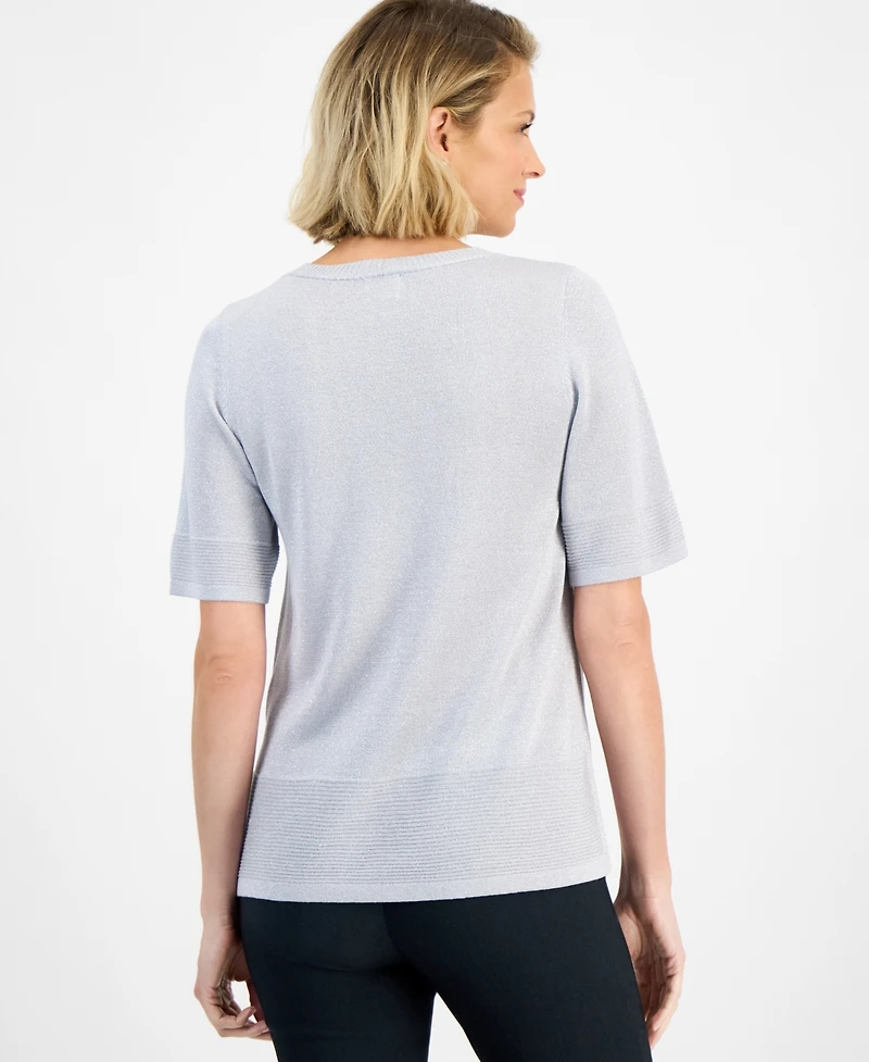 Jm Collection Women's V-Neck Short-Sleeve Lurex Shine Sweater, Exclusively at Macy's