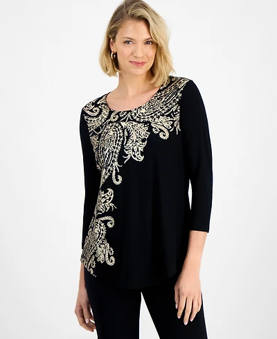 Jm Collection Women's Printed Scoop-Neck 3/4-Sleeve Top, Macy's Exclusive