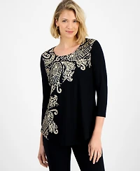 Jm Collection Women's Printed Scoop-Neck 3/4-Sleeve Top, Macy's Exclusive