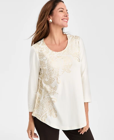 Jm Collection Women's Printed Scoop-Neck 3/4-Sleeve Top, Macy's Exclusive
