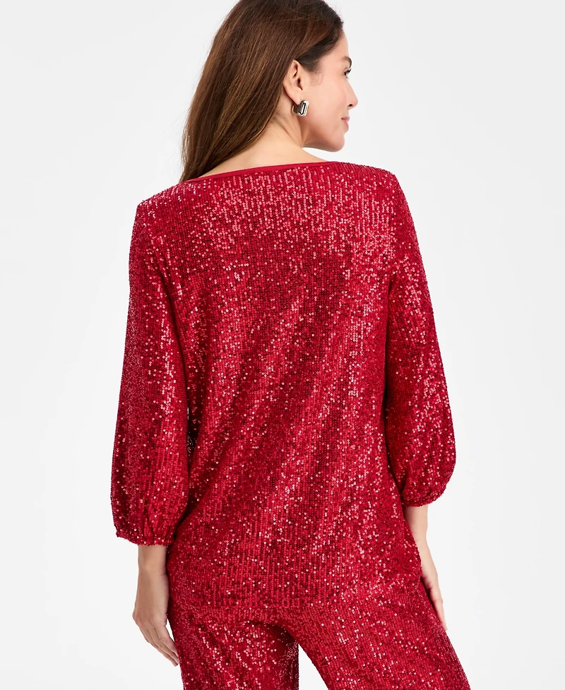 Jm Collection Women's Sequinned 3/4-Sleeve Top, Macy's Exclusive