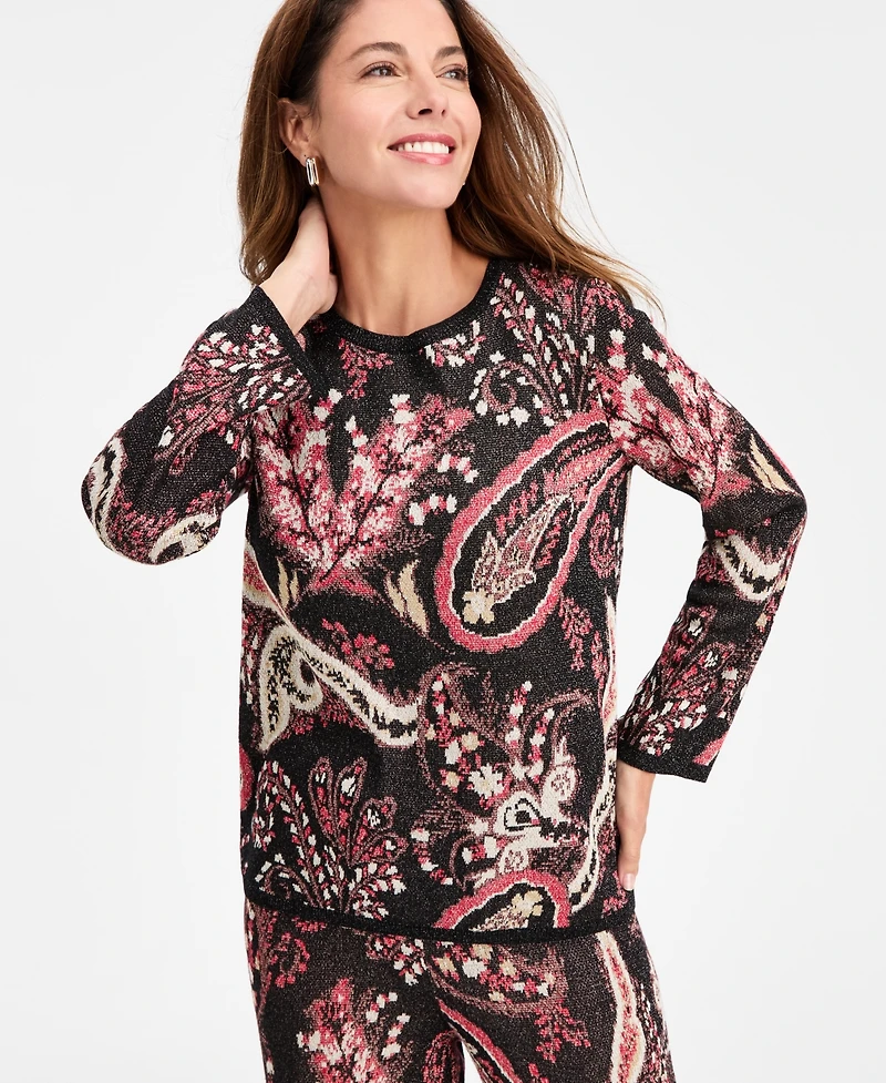 Jm Collection Women's Paisley Metallic-Threaded Jacquard Sweater, Macy's Exclusive