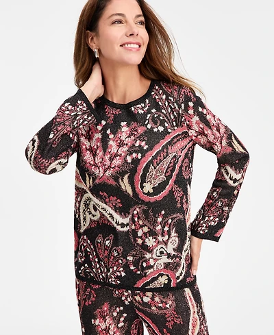 Jm Collection Women's Paisley Metallic-Threaded Jacquard Sweater, Macy's Exclusive