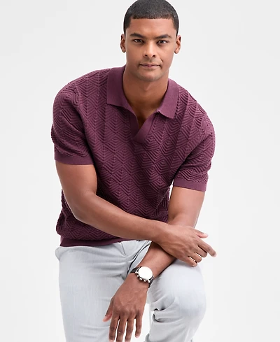 Alfani Men's Johnny-Collar Ribbed Geo Polo Shirt, Macy's Exclusive
