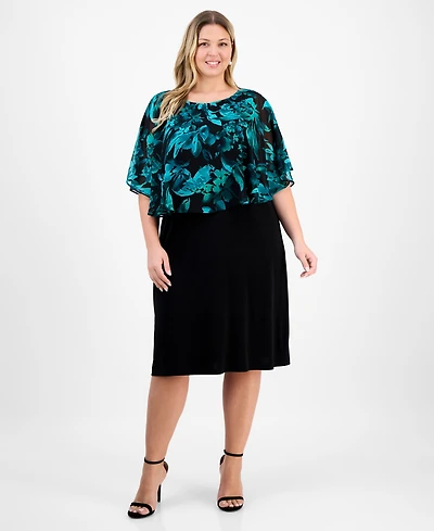 Connected Plus Short-Sleeve Cape Overlay Jersey Dress