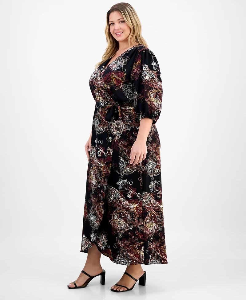 Connected Plus Woven Long-Sleeve Tie-Waist Dress
