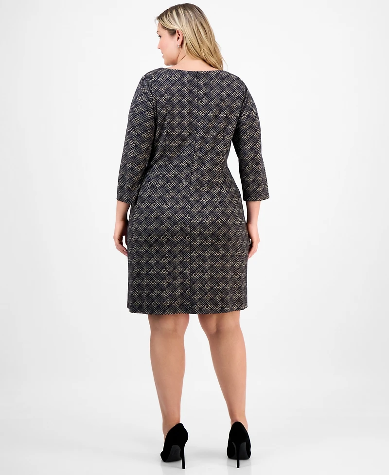 Connected Plus Knit Long-Sleeve Tuck-Front Fit & Flare Dress