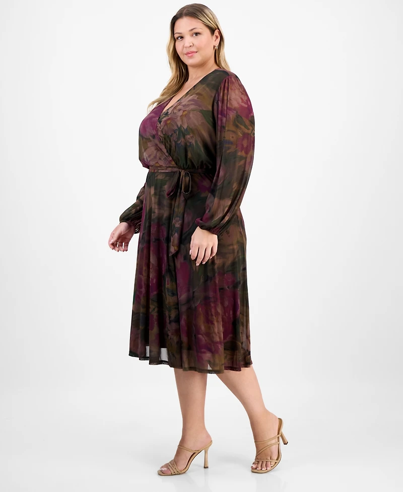 Robbie Bee Plus Long-Sleeve Printed Mesh A-Line Dress