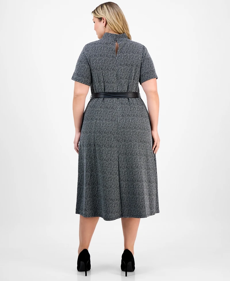 Robbie Bee Plus Mock Neck Short-Sleeve Boucle Midi Dress
