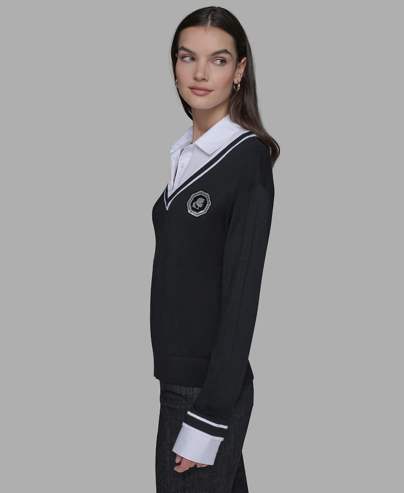 Karl Lagerfeld Paris Women's Twofer Patch V-Neck Sweater