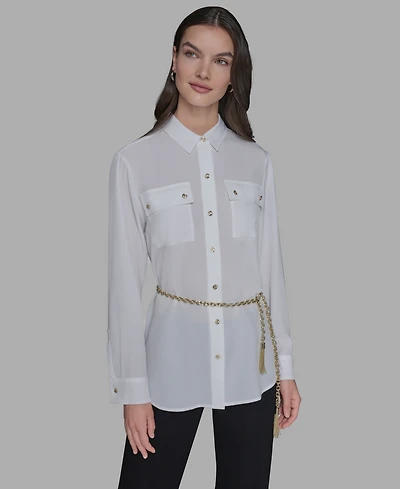 Karl Lagerfeld Paris Women's Belted Chest-Pocket Top