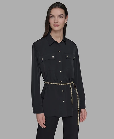 Karl Lagerfeld Paris Women's Belted Chest-Pocket Top