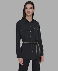 Karl Lagerfeld Paris Women's Belted Chest-Pocket Top