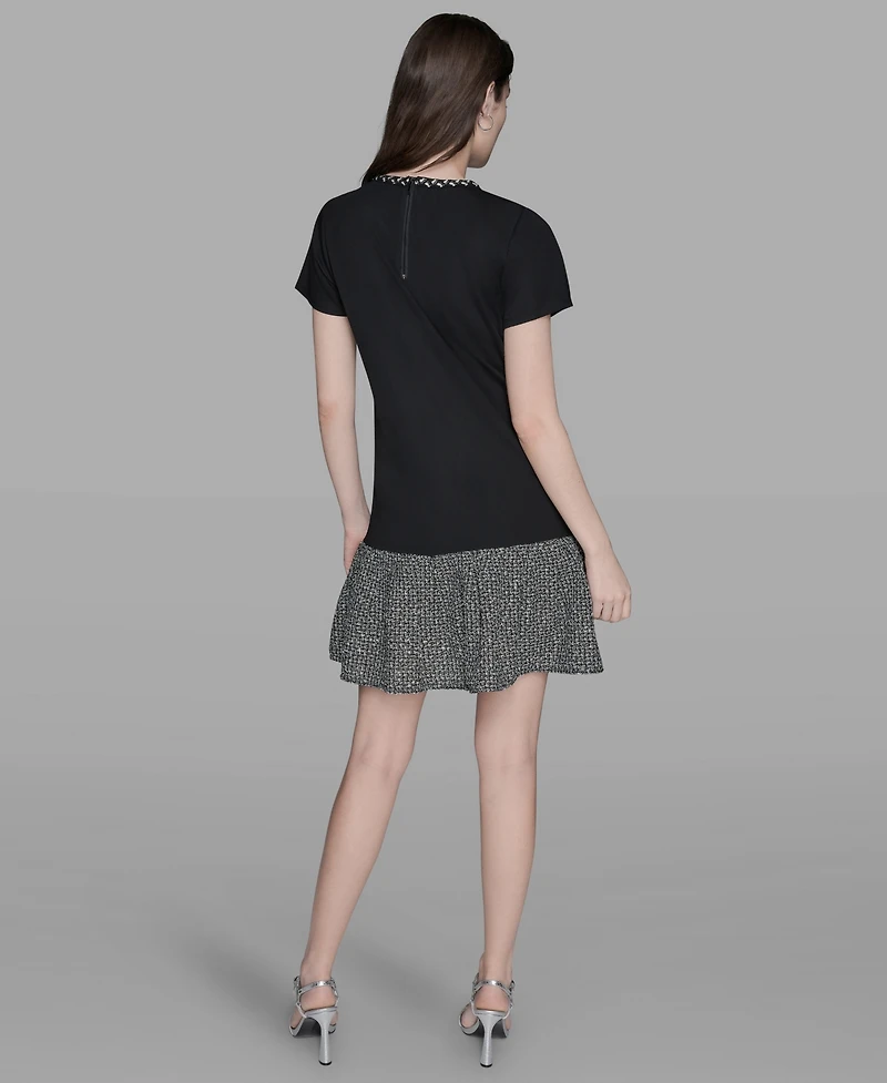 Karl Lagerfeld Paris Women's Ruffle Trim Knit Short Sleeve Dress