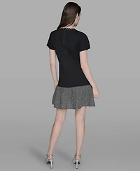 Karl Lagerfeld Paris Women's Ruffle Trim Knit Short Sleeve Dress