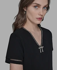 Karl Lagerfeld Paris Women's Sparkle-Bow V-Neck Knit Top