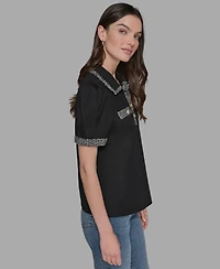 Karl Lagerfeld Paris Women's Short Sleeve Tweed Trim Knit Top