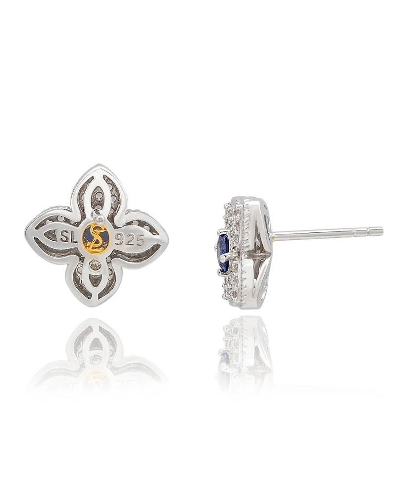 Suzy Levian New York Sterling Silver Clover Sapphire & Created White Stud Earring