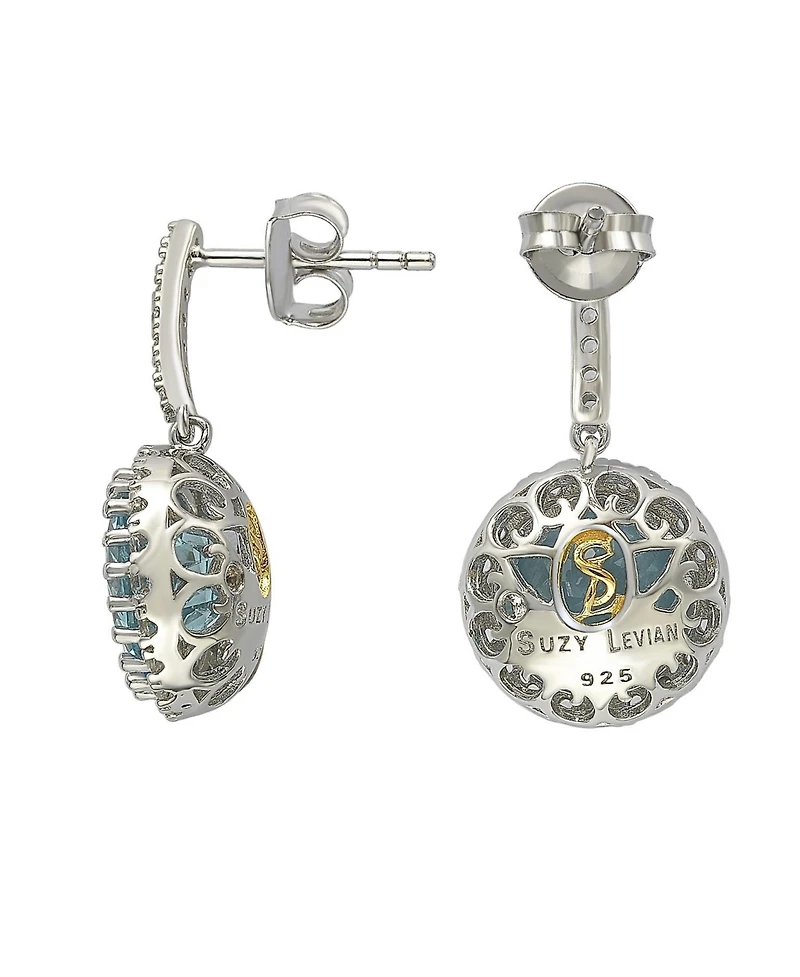Suzy Levian New York Suzy Levian Sterling Silver Round Cut Blue Topaz And White Topaz Drop Earrings