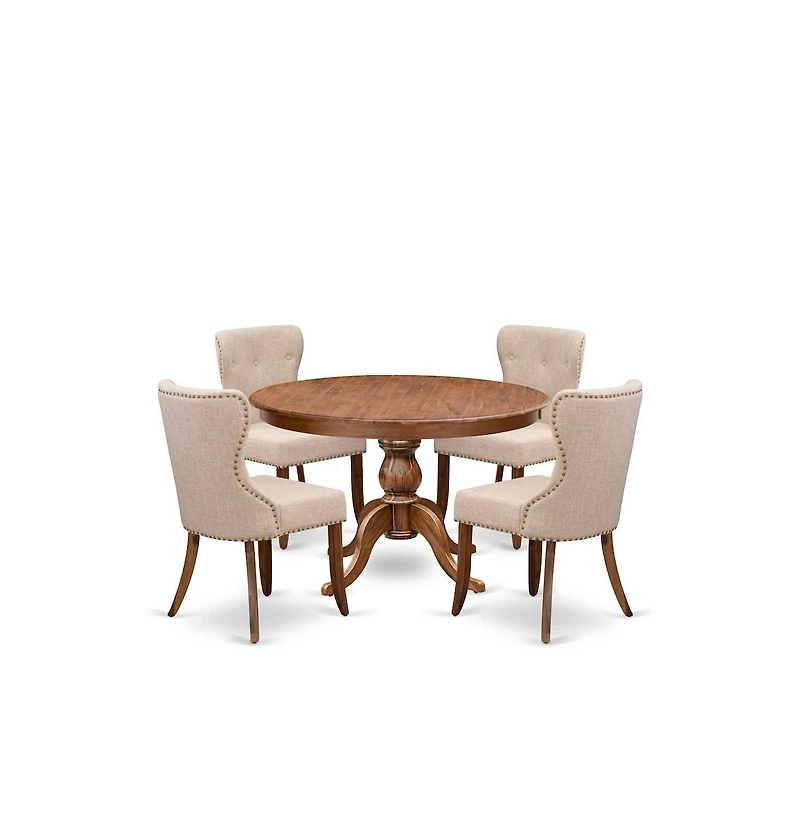 Luxe by East West Furniture 5-Pc Dining Set A Pedestal Dining Table & 4 Light Tan Linen Fabric Padded Chairs