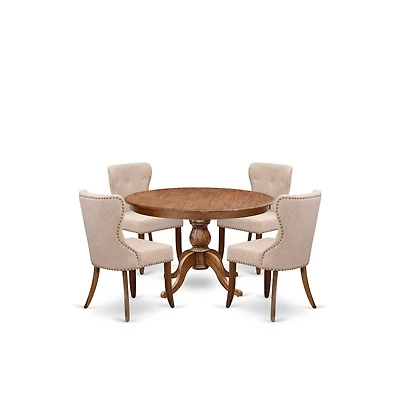 Luxe by East West Furniture 5-Pc Dining Set A Pedestal Dining Table & 4 Light Tan Linen Fabric Padded Chairs