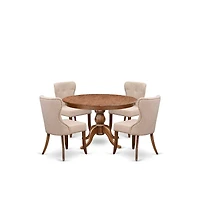 Luxe by East West Furniture 5-Pc Dining Set A Pedestal Dining Table & 4 Light Tan Linen Fabric Padded Chairs