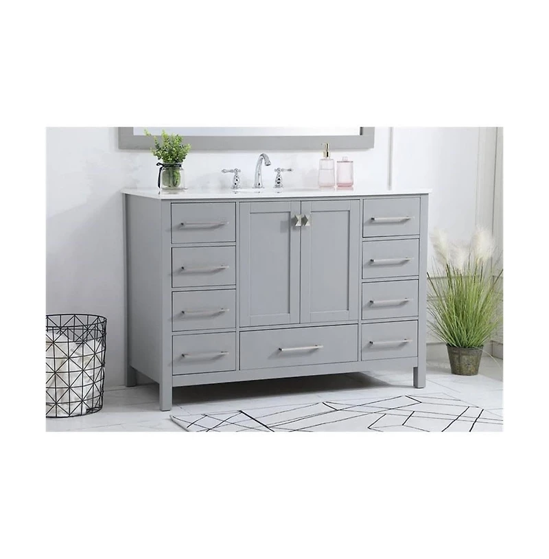 Vanirror 48" Grey Bathroom Vanity with Carrara Marble Top & Backsplash, Soft-Close Doors & Dovetail Drawers, Brushed Nickel