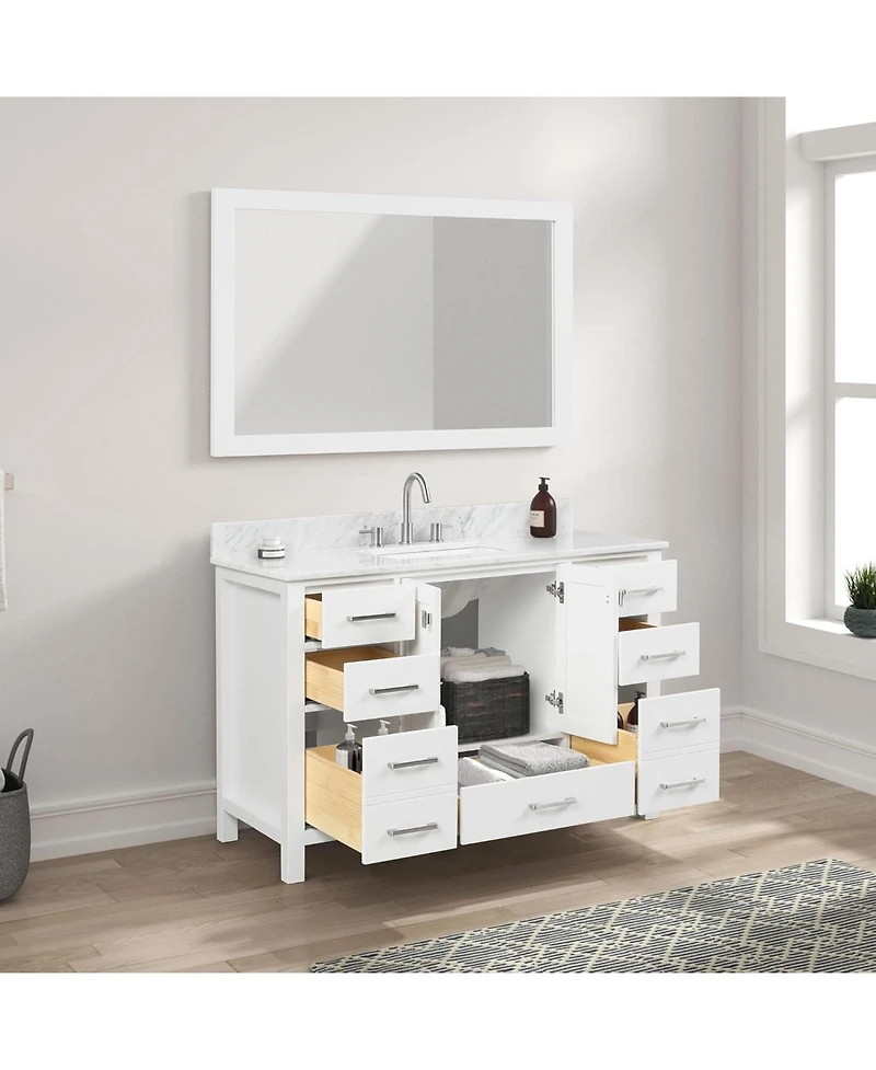 Vanirror 48" Matte White Bathroom Vanity Set with Marble Countertop & Ceramic Sink, Solid Wood Freestanding Vanity for Modern Bathrooms