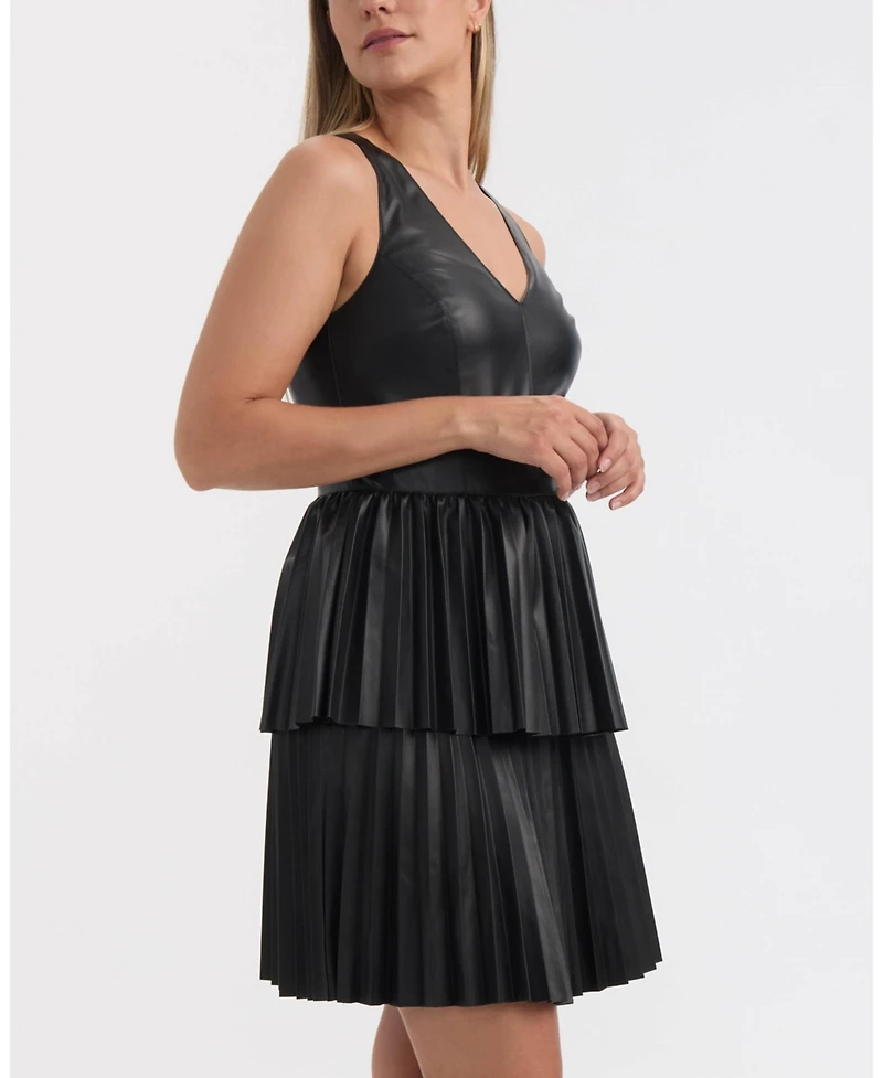 Ellen Tracy Women's Tiered Pleated Faux Leather Dress
