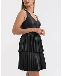Ellen Tracy Women's Tiered Pleated Faux Leather Dress