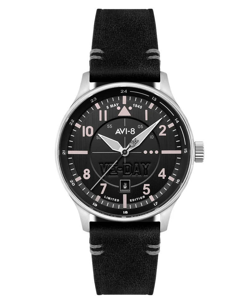 Avi-8 Men's Hawker Hurricane Black Leather Strap Watch, 43mm