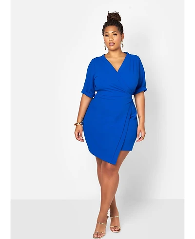 ModasP3 Plus Stylish Avery Faux Wrap Mini Dress Blue