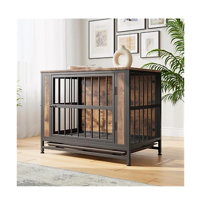 Aostirmotor 32.8'' Rustic Brown Dog Crate Furniture Sliding Doors Thick Iron Frame Medium Small Dog
