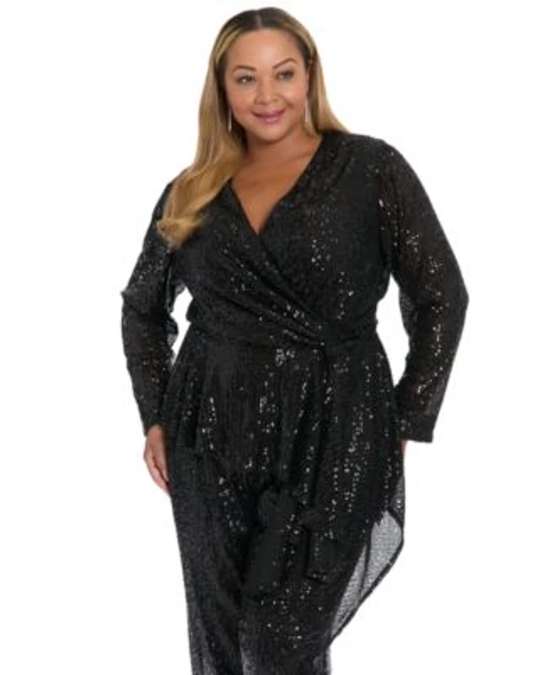 Muse Plus Size Sequin Long Sleeve Twist Wrap Top Pull On Pants